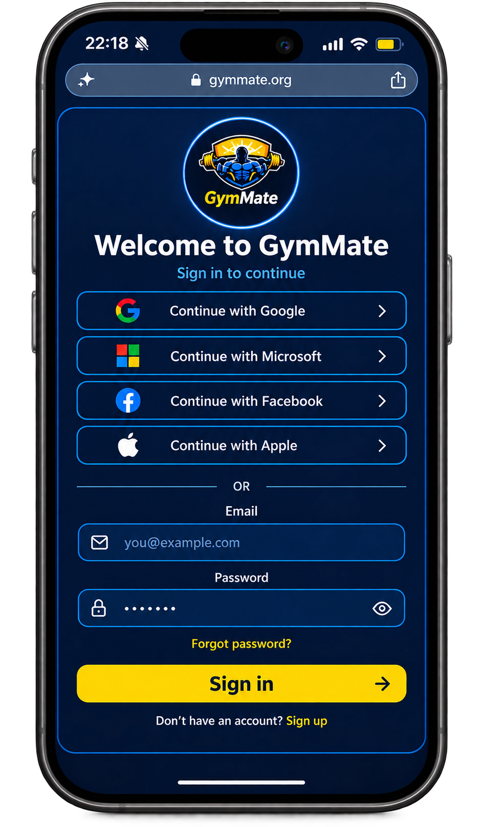 GymMate Login screen