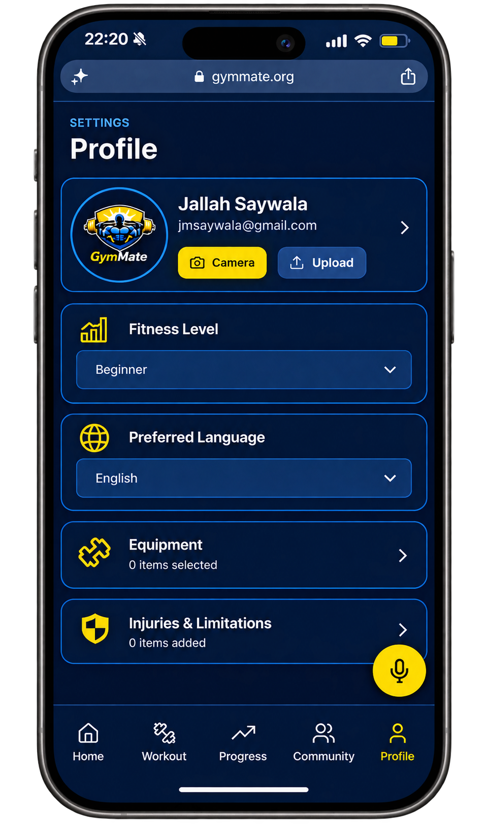 GymMate Profile screen