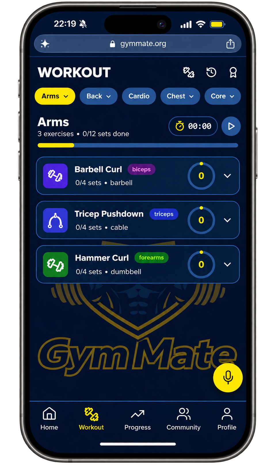 GymMate Workout screen