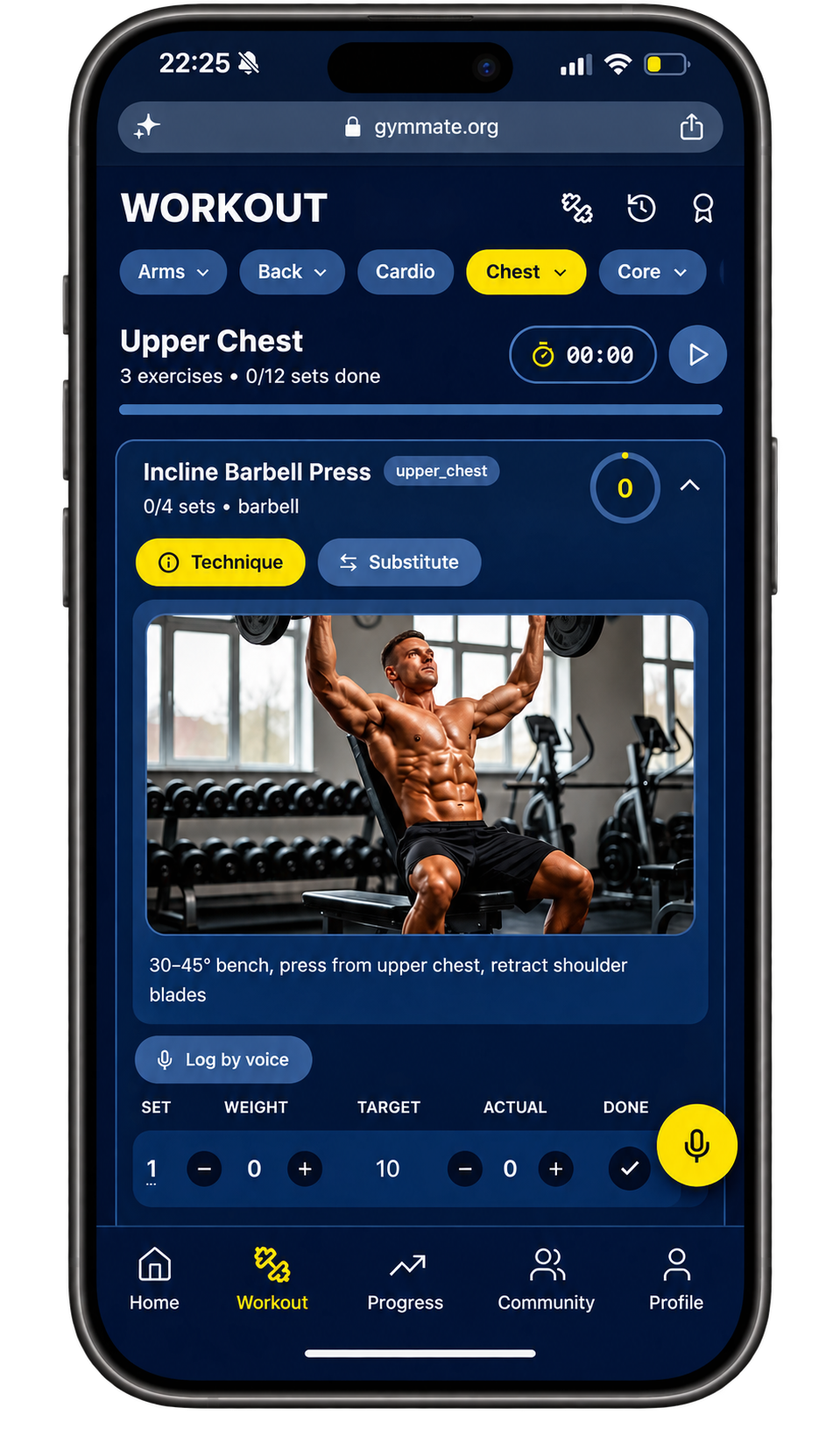 GymMate Technique screen