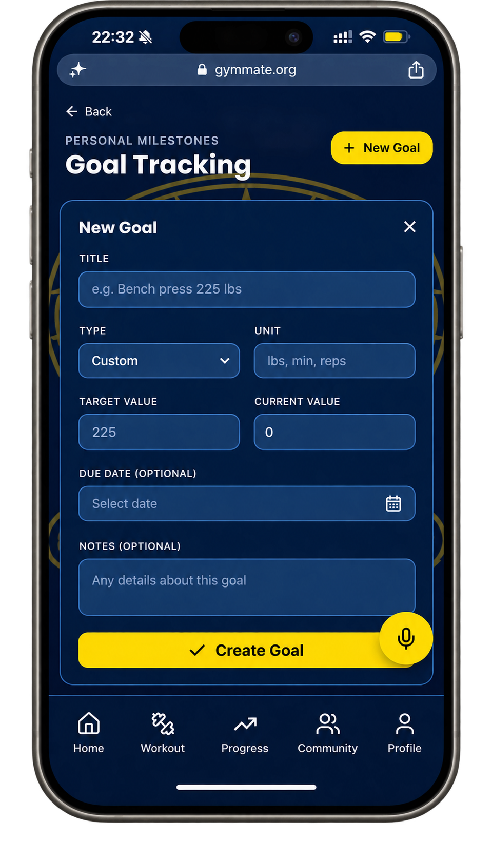 GymMate Goals screen