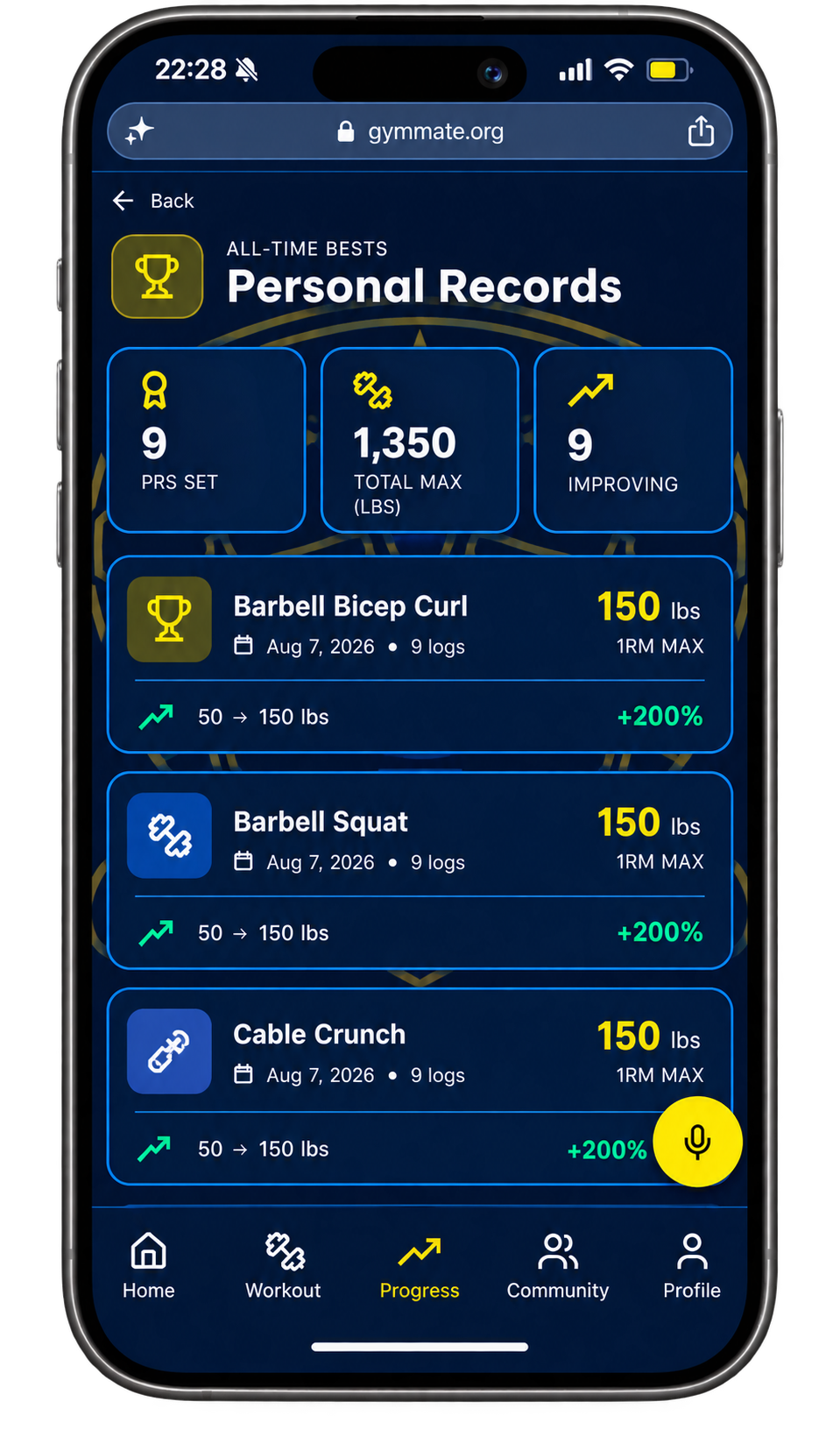 GymMate Personal Record screen